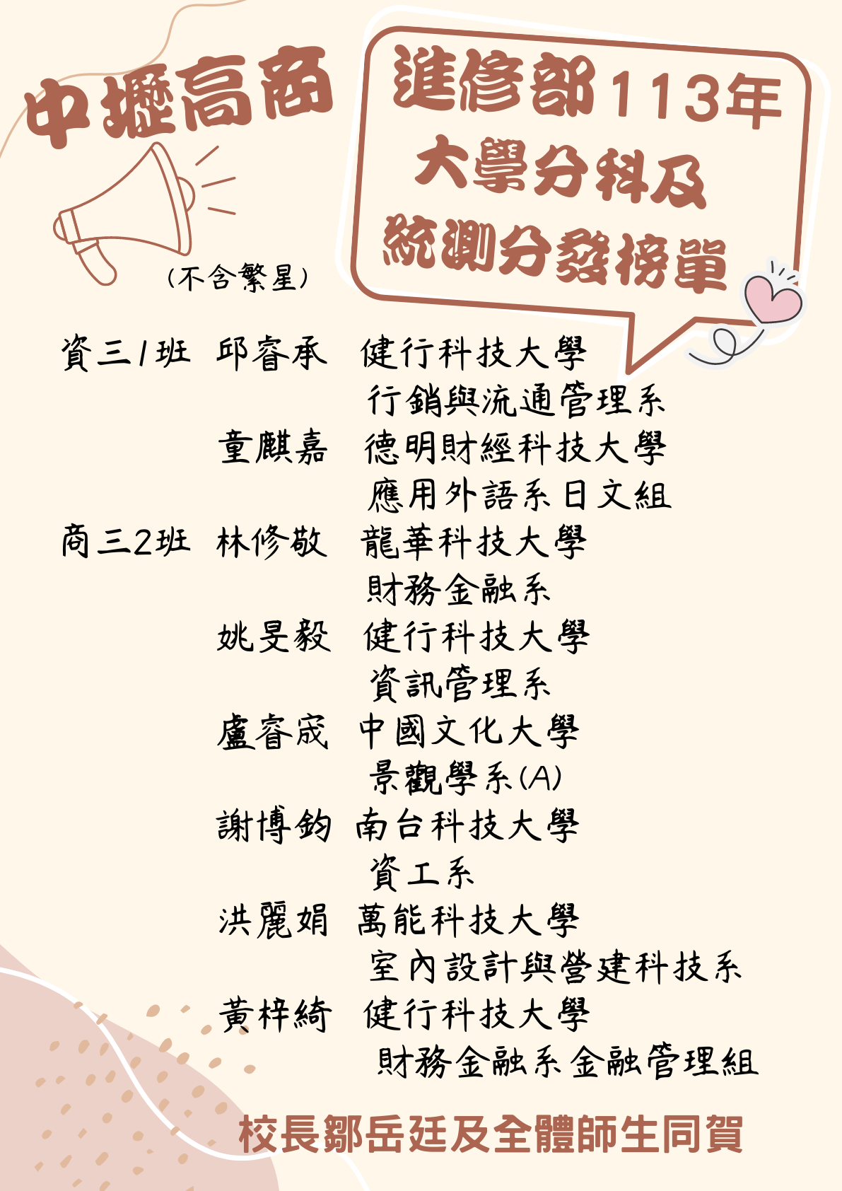 113高三大學分科及統測分發榜單