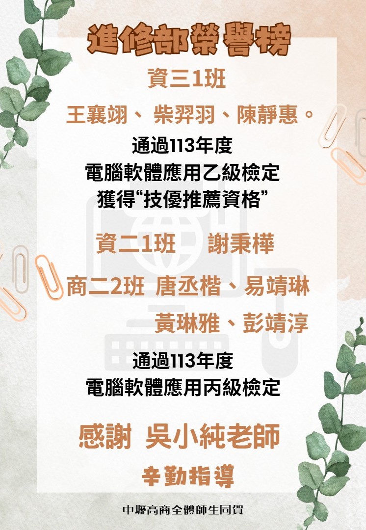 113第三梯技能檢定榜單